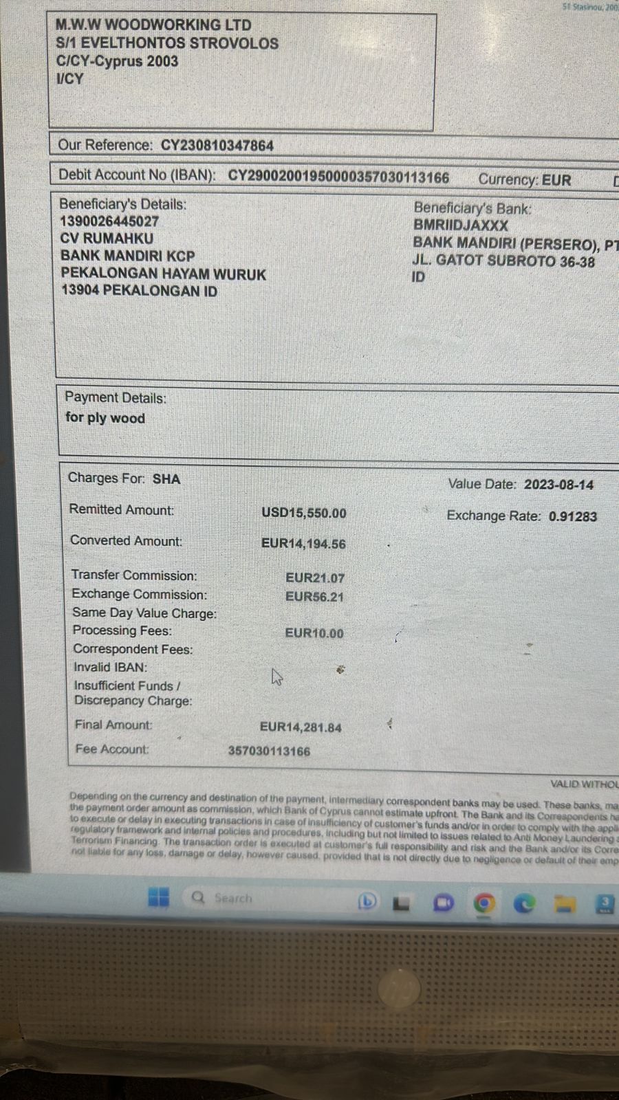 Payment Proof - M.W.W. Wood Working Ltd